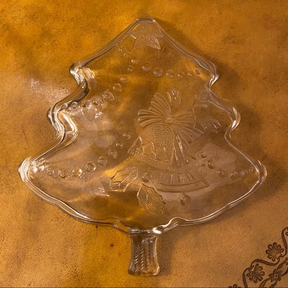Vintage Glass Christmas Tree Candy Dish Winter Holiday Bells Snow & Stars Design - Picture 2 of 2